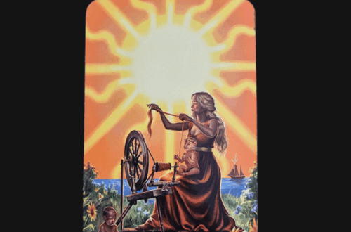 A tarot card from the Modern Spellcaster's Tarot titled 19 - Sun shows a woman spinning thread by a wheel with two children nearby, sunflowers and grass around them, and a large glowing sun in the sky, set against a black background.