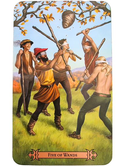 Five blindfolded people holding sticks appear to be fighting or interacting under a tree with a hanging wasp nest above them; the card reads Five of Wands at the bottom. This scene is depicted in the Modern Spellcaster's Tarot deck.