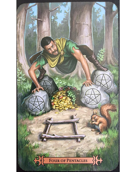 A man in green and yellow holds four large pentacles protectively while crouching over a pile of coins in a forest. A squirrel stands nearby as trees fill the background. The Modern Spellcaster's Tarot card reads Four of Pentacles.