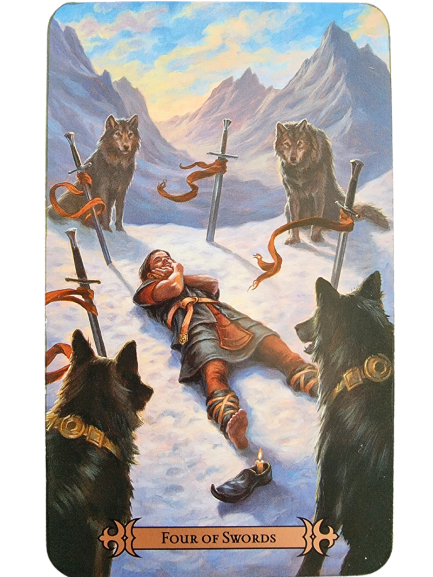 An angelic figure with wings, wearing a white robe and sandals, pours liquid between two cups. Purple flowers bloom in the grass as the sun rises over distant hills. Inspired by the Modern Spellcaster's Tarot, the card reads 14 Temperance.