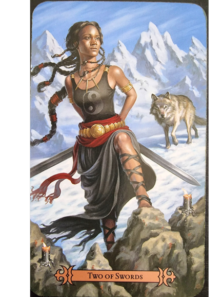 A woman with a sword and a wolf, evoking the fierce, mystical energy of the Modern Spellcaster's Tarot.
