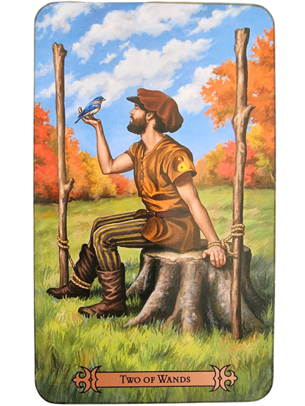 A man in medieval-style clothing sits on a tree stump between two upright wands. He holds a blue bird, gazing at it, with autumn trees and a bright blue sky behind him. From the Modern Spellcaster's Tarot, the card reads Two of Wands.