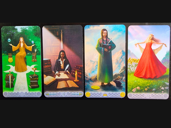 Four tarot cards: A woman balancing orbs outdoors, a woman studying at a desk with books, a woman reading in front of mountains, and a woman in a red dress dancing in a sunny field—each scene invites insight through tarot reading.