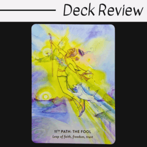 A colorful tarot card from The Tree of Life Oracle titled 11th Path: The Fool shows a figure leaping with a staff, followed by a white dog. Mountains, sunrise, and swirling yellow, blue, and purple hues set the scene. Text reads: Leap of faith, freedom, trust.