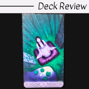 A tarot card from the Triple Goddess Tarot shows a seated woman in white meditating on a purple cushion, surrounded by green light, lily pads, and water. The card appears in a Deck Review with the title above.