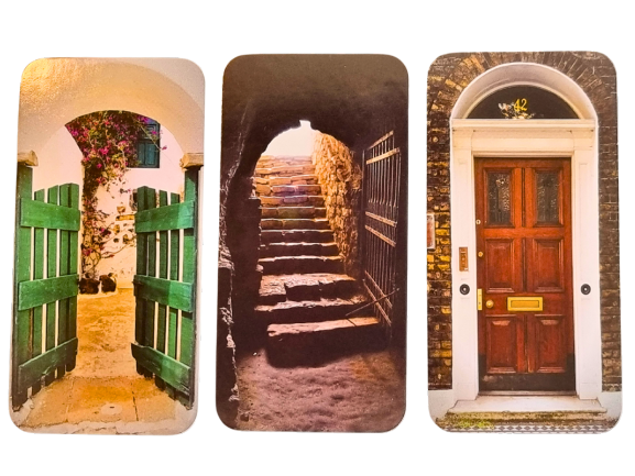 Three vertical panels show: an open green gate revealing a bright courtyard with flowers, stone steps leading upward through a shadowy arch, and a closed wooden door with mail slot set in a brick wall—each a glimpse of Divine Doors.
