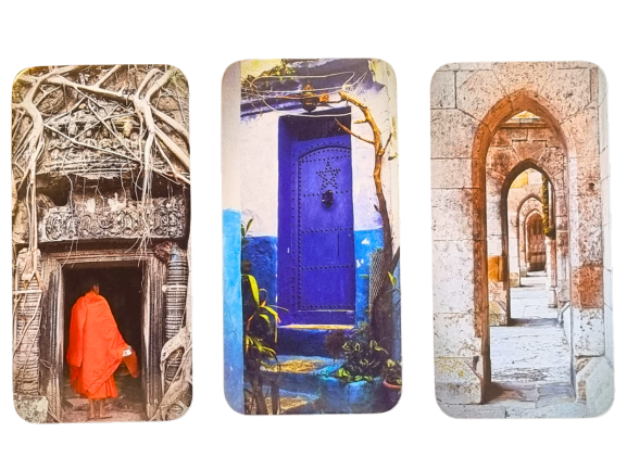Three vertical panels: left shows a person in an orange robe entering an old stone doorway with tangled roots; center features a vibrant blue door with plants; right displays Divine Doors—arched stone doorways receding into the distance.