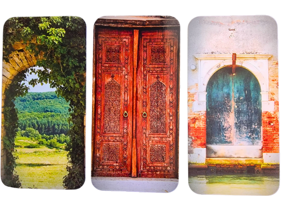 Three Divine Doors: one stone arch with greenery overlooking fields, one ornate wooden double door with intricate carvings, and a weathered blue door set in a brick wall above water.
