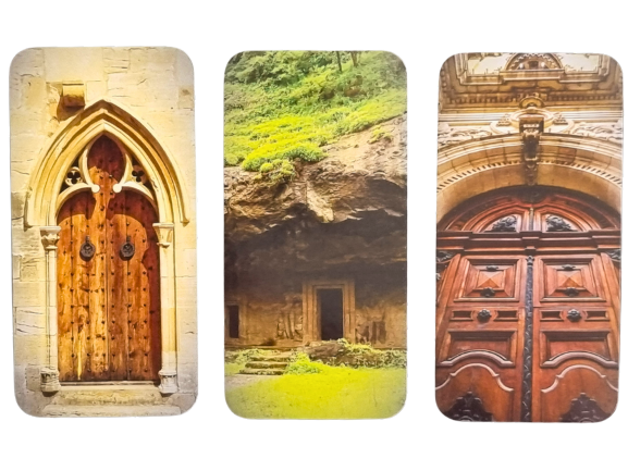 Three vertical panels show: a wooden arched door set in stone, a cave entrance surrounded by greenery, and one of the Divine Doors—an ornate wooden door with intricate carvings and a stone archway above.