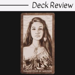 A tarot card from the New Era Elements Tarot labeled Daughter of Water shows a woman with long hair, feather earrings, a spiral necklace, and a feathered garment. Above the card, text reads Deck Review on a white background.
