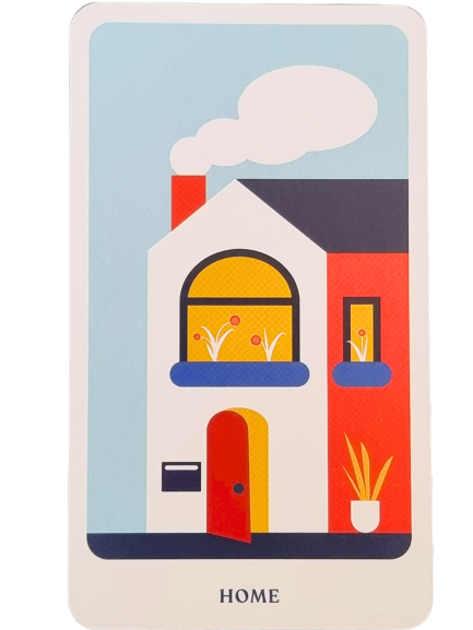 A colorful illustration of a house with a red door, chimney, large window with plants, potted plant outside, smoke rising, and The Story Oracle written below in place of HOME.