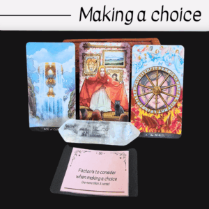 Three tarot cards (Ace of Cups, a person in a red cloak, and the Wheel of Fortune) stand behind a clear quartz crystal and a pink card that reads, Factors to consider when making a choice. The scene highlights the importance of choice and intuition.