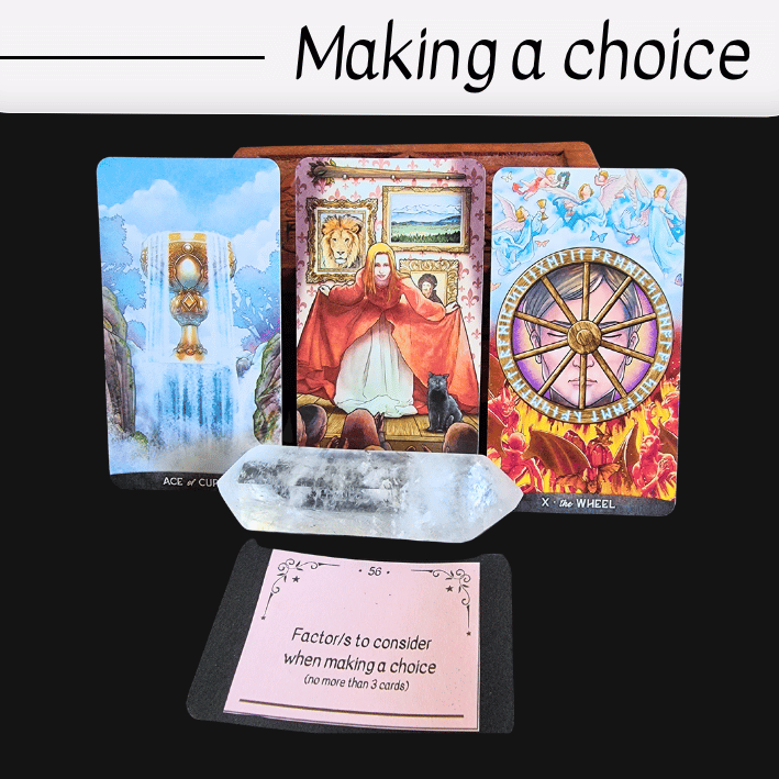 Three tarot cards (Ace of Cups, a person in a red cloak, and the Wheel of Fortune) stand behind a clear quartz crystal and a pink card that reads, Factors to consider when making a choice. The scene highlights the importance of choice and intuition.