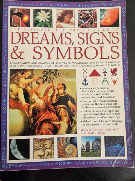 The cover of The Ultimate Illustrated Guide to Dreams, Signs & Symbols, reminiscent of A Dictionary of Symbols, features mystical symbols, ancient art, and images, alongside a description of the book's content and authors’ names.