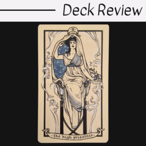 A tarot card illustration of The High Priestess from the Fyodor Pavlov Tarot shows a seated woman in flowing robes, holding a book and a crescent moon, against a starry sky. Decorative lines and Deck Review text appear above the card.