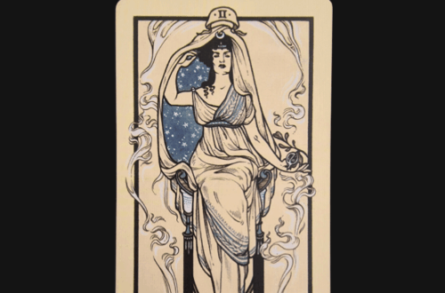 A tarot card illustration of The High Priestess from the Fyodor Pavlov Tarot shows a seated woman in flowing robes, holding a book and a crescent moon, against a starry sky. Decorative lines and Deck Review text appear above the card.