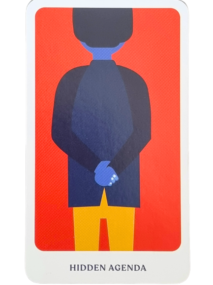 A stylized illustration of a person with blue skin and yellow pants stands against a red background, hands clasped behind their back, with the words HIDDEN AGENDA and The Story Oracle written below.