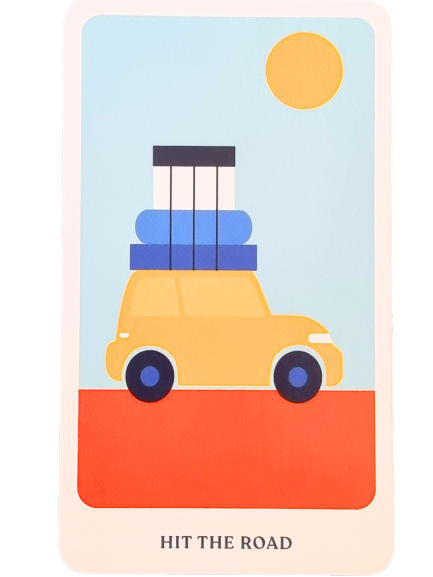 Illustration of a yellow car with luggage stacked on its roof driving on a red road under a yellow sun in a blue sky. Below, "HIT THE ROAD" hints at new adventures—let The Story Oracle guide your next journey.