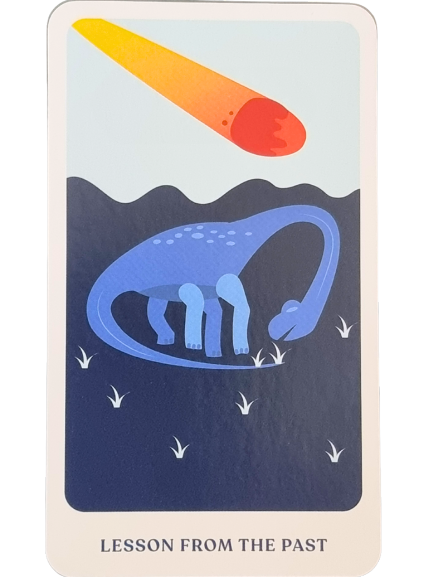 A blue dinosaur grazes on grass under a dark sky as a large orange meteor streaks overhead, capturing a moment from The Story Oracle. Text below reads, LESSON FROM THE PAST.