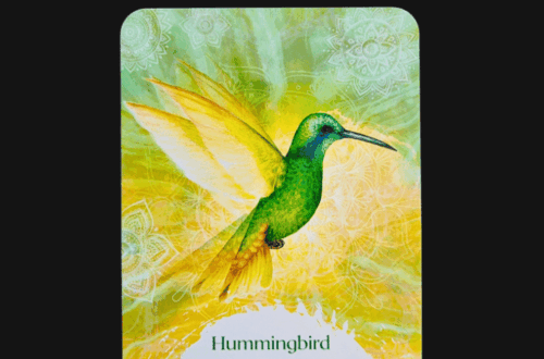 A tarot or Oracle of the Birds card with a vibrant green and yellow hummingbird flying against a bright, intricate background. The card reads: Hummingbird. Light from the highest levels—life is joy, harmony, beauty, and diversity. Let your light shine.