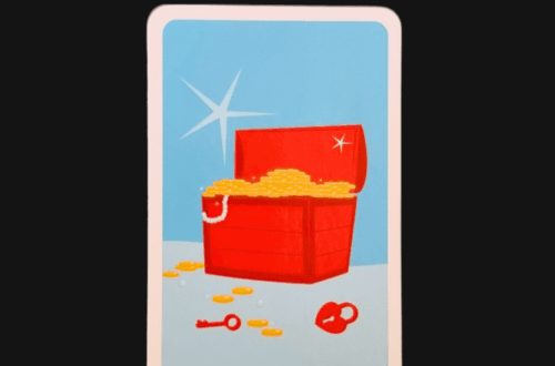 A playing card labeled TREASURE from The Story Oracle shows an open red chest filled with gold coins, a key, and a keyhole on the ground. The blue background sets off the card, with the words Deck Review above it.