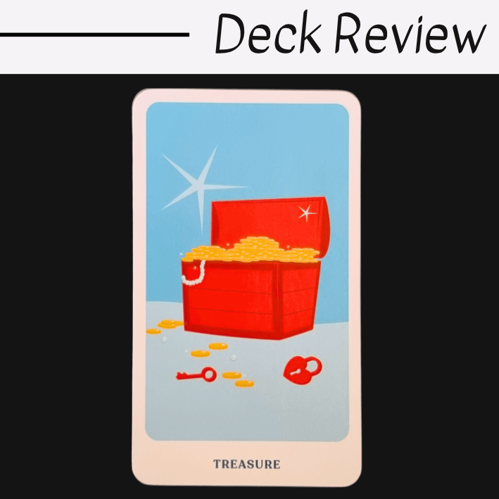 A playing card labeled TREASURE from The Story Oracle shows an open red chest filled with gold coins, a key, and a keyhole on the ground. The blue background sets off the card, with the words Deck Review above it.