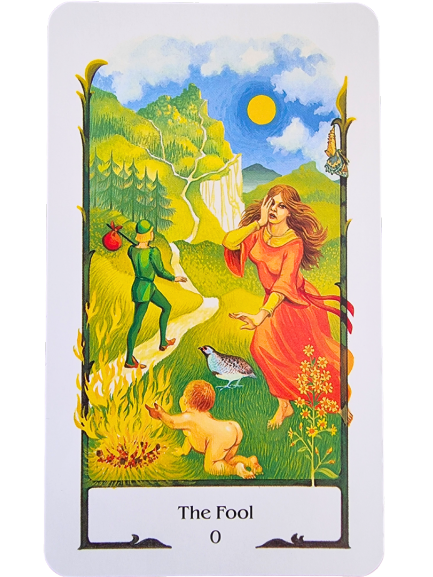 A card from the Tarot of the Old Path, The Fool depicts a carefree figure in green walking toward a cliff with a sack. A concerned woman in red gestures nearby, while a child and bird play on the grass, mountains and waterfall in the distance.