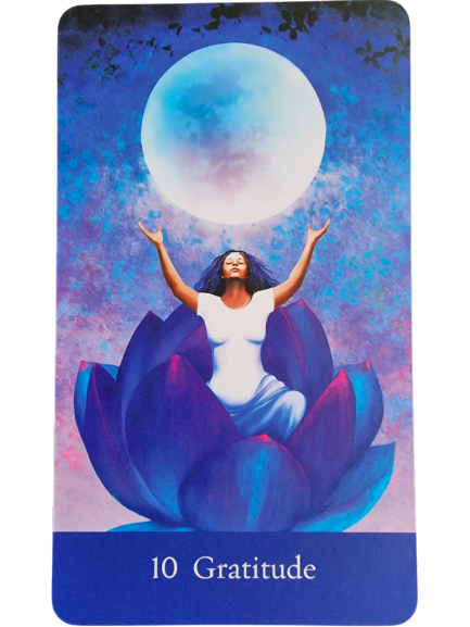 A card from The Sacred She Tarot, featuring a blue-toned illustration of a whale underwater, sunlight streaming down. At the bottom, a purple border displays the text “XXI Wisdom.”.