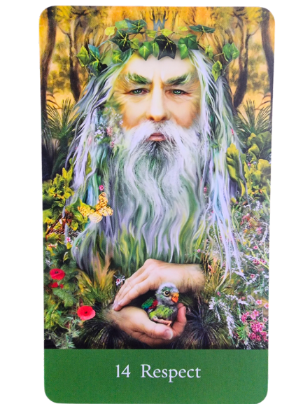 A mystical figure with a leafy crown and long white beard holds a green bird in his hands, surrounded by lush plants, flowers, and butterflies. The Sacred She Tarot card reads 14 Respect at the bottom.