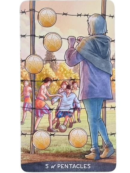 A person stands alone by a barbed wire fence, watching a group of children play soccer on a sunny field. Five pentacles are attached to the fence, hinting at separation and longing during their personal year of reflection.