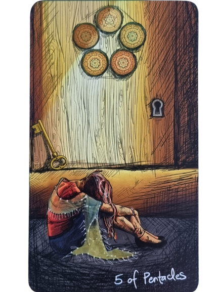 A person sits on the ground, head bowed and knees drawn up, under a beam of light in front of a closed door with a keyhole and a large key nearby. Five pentacles are arranged above the door, hinting at hardship in this personal year. The card reads 5 of Pentacles.