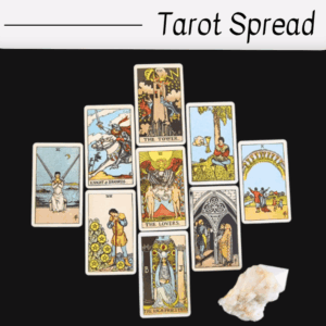 A cross-shaped tarot card spread for a deck interview is displayed on a black surface, featuring nine Rider-Waite cards and a small white crystal beside them. The heading above reads “Tarot Spread.”.