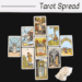 A cross-shaped tarot card spread for a deck interview is displayed on a black surface, featuring nine Rider-Waite cards and a small white crystal beside them. The heading above reads “Tarot Spread.”.