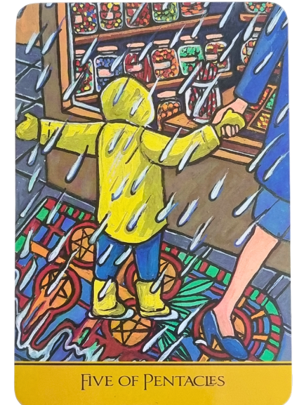 A child in a yellow raincoat holds an adult’s hand while standing in the rain. They look longingly at a brightly lit shop window filled with jars, reflecting on their personal year. The card is labeled Five of Pentacles.