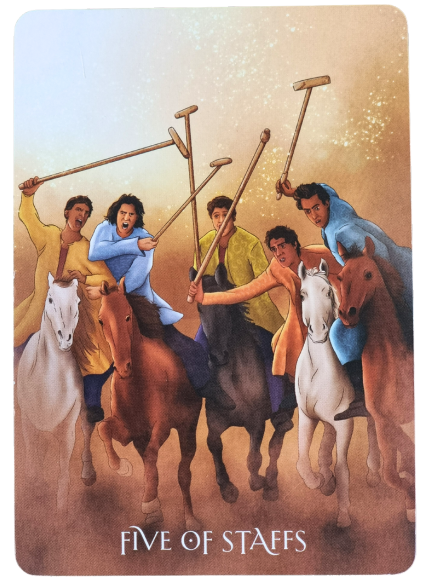 Five people riding horses hold staffs, raising them as if in competition or conflict—an energetic scene reflecting the dynamic challenges a personal year might bring. The riders wear colorful clothing. The card is labeled FIVE OF STAFFS at the bottom.