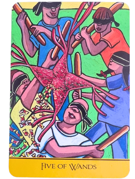 A colorful tarot card titled Five of Wands shows five blindfolded people holding sticks, breaking open a red piñata with candy spilling out—a lively scene symbolizing the challenges and rewards of your personal year—against a bright green background.