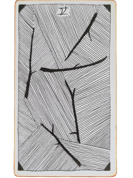 A card featuring dense, parallel black lines at various angles, intersected by several bold, jagged black slashes—suggesting the chaos of a personal year. A small rectangular box with illegible text sits near the top edge.