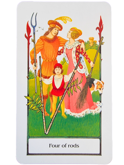 A Tarot of the Old Path card labeled Four of rods shows three people—two adults and a child—standing happily outdoors, holding rods. A dog stands behind the woman, with lush greenery surrounding them.