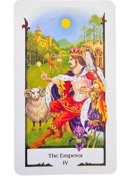A Tarot of the Old Path card, The Wheel of Fortune, displays a vivid wheel with animals and symbols, flanked by regal and mystical figures above, and a jester-like figure supporting the wheel below.