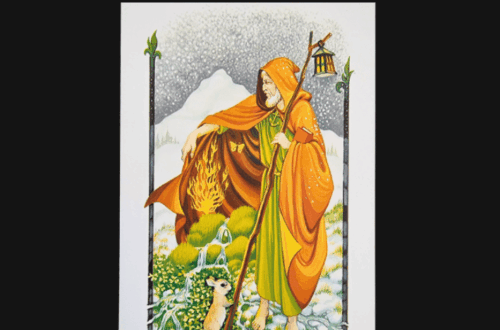 A tarot card from the Tarot of the Old Path titled The Wise One IX shows a hooded figure in orange and green robes holding a staff and lantern, standing in a snowy landscape with a deer and a fox beside them. Deck Review is written above.