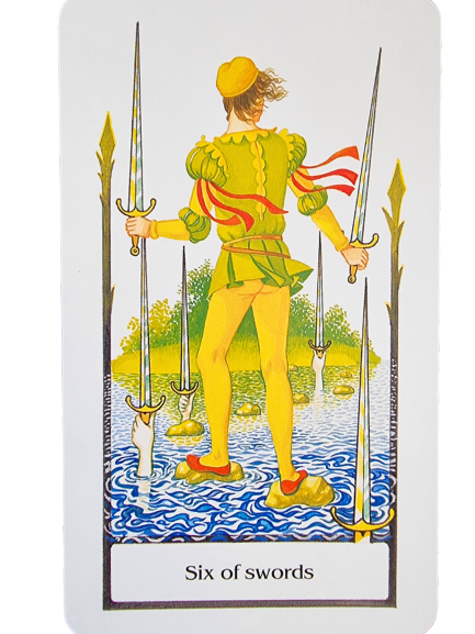A Tarot of the Old Path card, the Six of Swords, depicts a person in medieval clothing standing in shallow water, holding four swords upright while two more rest in the ground, with trees and greenery behind.