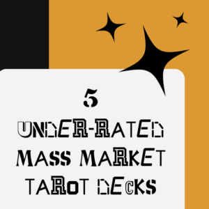 A graphic with gold, black, and white sections, black star shapes, and stylized text that reads: 5 underrated mass market decks.