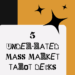 A graphic with gold, black, and white sections, black star shapes, and stylized text that reads: 5 underrated mass market decks.