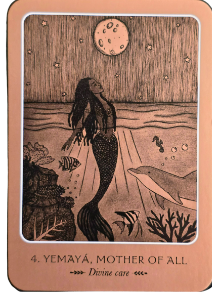 An illustrated card from the Wild Woman Oracle shows a mermaid with long hair rising toward a full moon underwater, surrounded by fish, a dolphin, and coral. The text below reads: 4. Yemayá, Mother of All – Divine care.