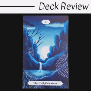 A tarot card titled The High Priestess features a serene, blue-toned landscape with a waterfall, moon, trees, and an owl—an enchanting scene from Tarot Landscapes. Above, the text Deck Review is written in elegant script.