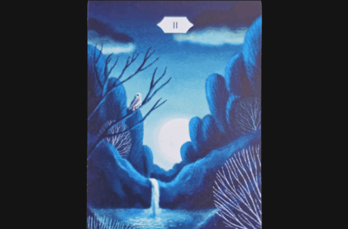 A tarot card titled The High Priestess features a serene, blue-toned landscape with a waterfall, moon, trees, and an owl—an enchanting scene from Tarot Landscapes. Above, the text Deck Review is written in elegant script.