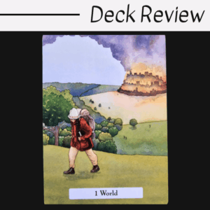 A person with a backpack walks away from a burning city on a colorful Witches' Wisdom Tarot card labeled 1 World. The background shows green fields, trees, and a smoky sky. The top reads Deck Review on a white banner.