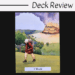 A person with a backpack walks away from a burning city on a colorful Witches' Wisdom Tarot card labeled 1 World. The background shows green fields, trees, and a smoky sky. The top reads Deck Review on a white banner.