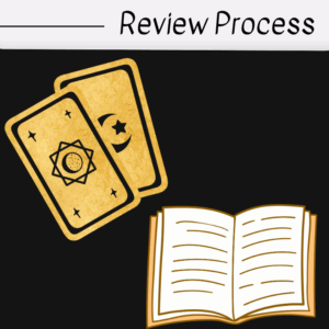 Two illustrated tarot cards and an open book on a black background, with the words “Deck Review Process” written at the top.