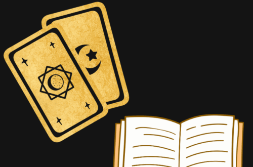 Two illustrated tarot cards and an open book on a black background, with the words “Deck Review Process” written at the top.